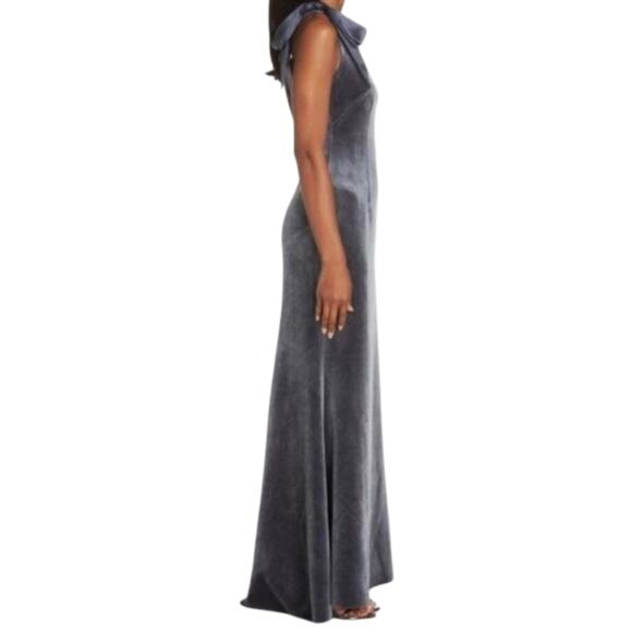 NWT ELIZA J Velvet One Shoulder Bow Accent Asymmetrical Gown Maxi Dress - Picture 4 of 11